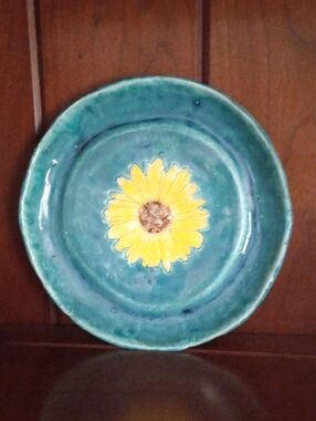 Handmade Teal Ceramic Decorative Plate with Yellow Sunflower - Home Art